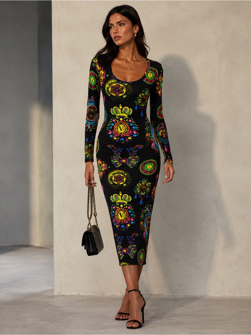 Versace Jeans Couture Regalia Baroque Print Bodycon Midi Dress Size 0